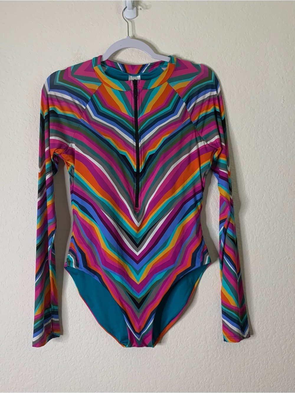 Trina Turk Louvre Paddle colorful,  chevron zigzag LS one piece swimsuit L